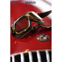 LUNETTES NANNINI CRUISER - Couleur : Chrome poli - Cuir noir - Surpiqûres orange, Couleur verre : ECRAN Gris antibuée