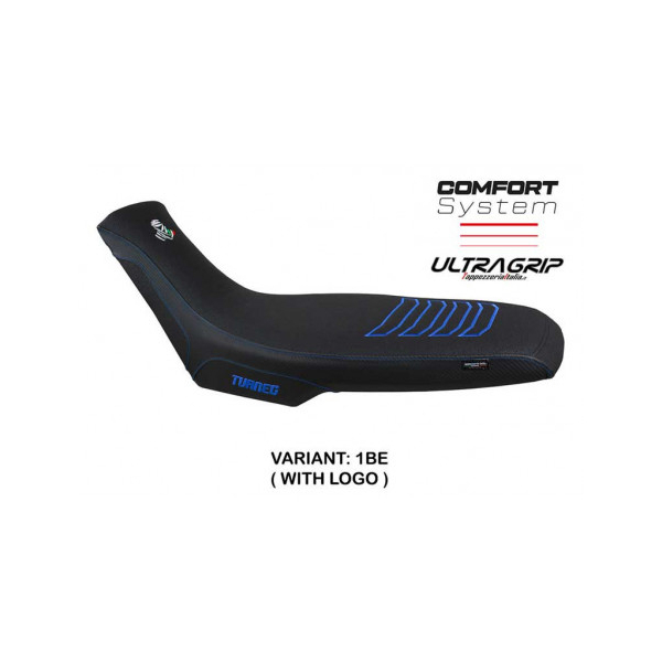 HOUSSE DE SELLE COMPATIBLE APRILIA TUAREG 660 (21-22) MODÈLE BORAS CONFORT, BLEU - Type : CONFORT, Logo : AVEC LOGO, Couleur : ARGENT JAUNE