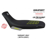 HOUSSE DE SELLE COMPATIBLE APRILIA TUAREG 660 (21-22) MODÈLE BORAS CONFORT, BLEU - Logo : AVEC LOGO, Couleur : JAUNE, Type : CONFORT