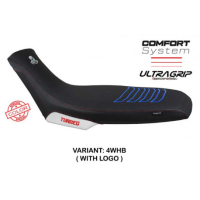 HOUSSE DE SELLE COMPATIBLE APRILIA TUAREG 660 (21-22) MODÈLE BORAS CONFORT, BLEU - Logo : AVEC LOGO, Couleur : JAUNE, Type : CONFORT