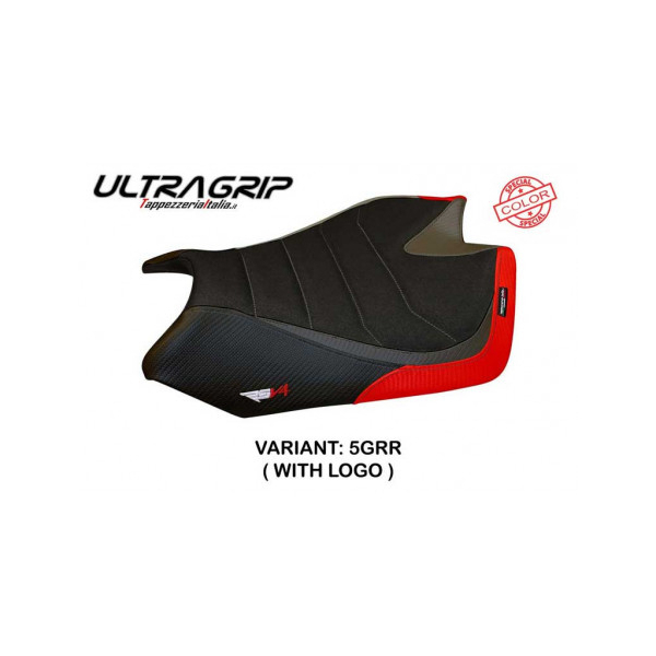 HOUSSE DE SELLE COMPATIBLE APRILIA RSV4 (09-20) MODÈLE BARRIE SPECIAL COLOR - Logo : AVEC LOGO, Type : ULTRAGRIP, Couleur : GRIS ROUGE