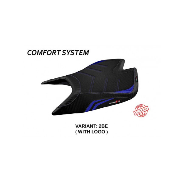 HOUSSE DE SELLE COMPATIBLE APRILIA TUONO V4 FACTORY (21-22) MODÈLE NASHUA SPECIA - Logo : AVEC LOGO, Couleur : BLEU, Type : CONFORT