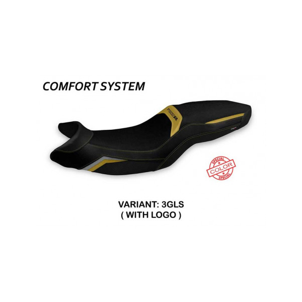 HOUSSE DE SELLE COMPATIBLE BMW F 900 XR (19-22) MODÈLE TARTU SPECIAL COLOR - Logo : AVEC LOGO, Couleur : OR - ARGENT, Type : CONFORT