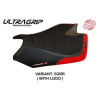 HOUSSE DE SELLE COMPATIBLE APRILIA TUONO V4 (11-20) MODÈLE PALUMA SPECIAL COLOR - Logo : AVEC LOGO, Couleur : GRIS ROUGE, Type : ULTRAGRIP