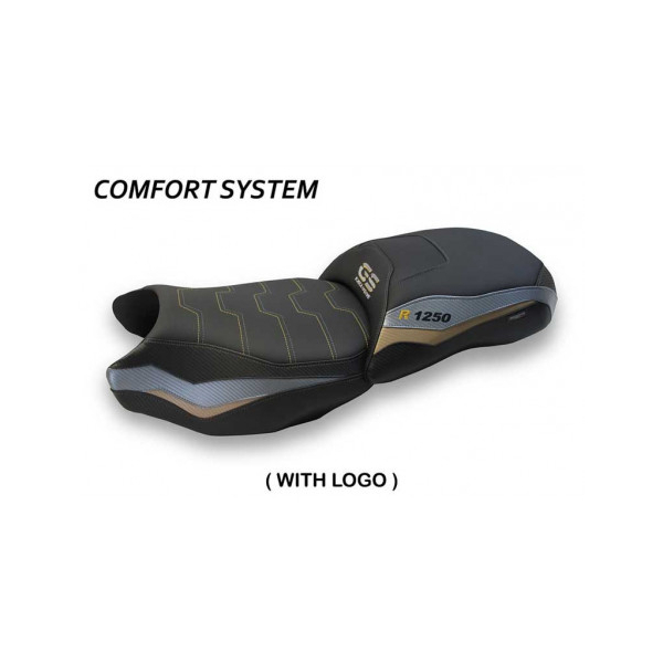 HOUSSE DE SELLE COMPATIBLE BMW R 1250 GS (19-22) MODÈLE BATNA - Type : CONFORT, Logo : AVEC LOGO, Couleur : GRIS OR