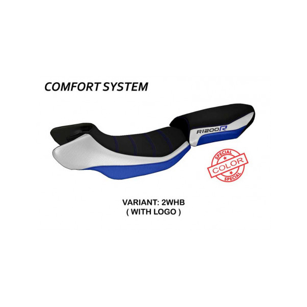HOUSSE DE SELLE COMPATIBLE BMW R 1200 R (15-18) MODÈLE AURELIA SPECIAL COLOR - Logo : AVEC LOGO, Couleur : BLANC BLEU, Type : CONFORT