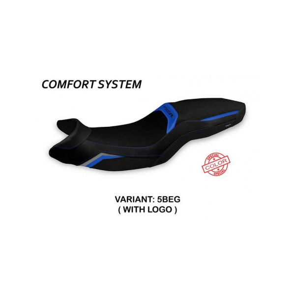 HOUSSE DE SELLE COMPATIBLE BMW F 900 R (19-22) MODÈLE ALMATY SPECIAL COLOR - Logo : AVEC LOGO, Couleur : BLEU-GRIS, Type : CONFORT