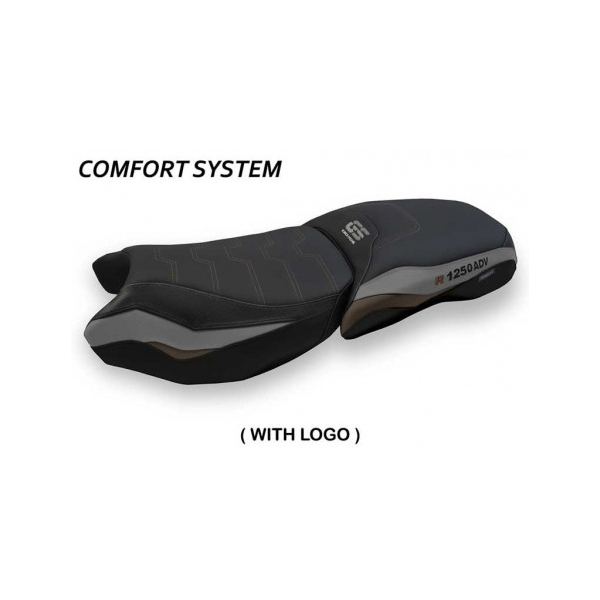HOUSSE DE SELLE COMPATIBLE BMW R 1250 GS ADVENTURE (19-22) MODÈLE RACCONIGI 3 - Type : CONFORT, Logo : AVEC LOGO, Couleur : GRIS BRUN