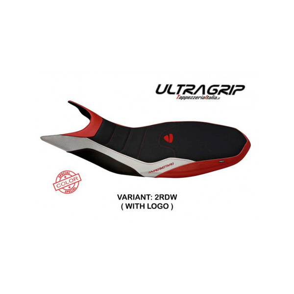 HOUSSE DE SELLE COMPATIBLE DUCATI HYPERMOTARD 821/939 (13-18) MODÈLE MEGARA SPEC - Logo : AVEC LOGO, Type : ULTRAGRIP, Couleur : BLANC ROUGE