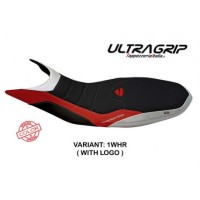 HOUSSE DE SELLE COMPATIBLE DUCATI HYPERMOTARD 821/939 (13-18) MODÈLE MEGARA SPEC - Logo : AVEC LOGO, Couleur : BLANC ROUGE, Type : ULTRAGRIP