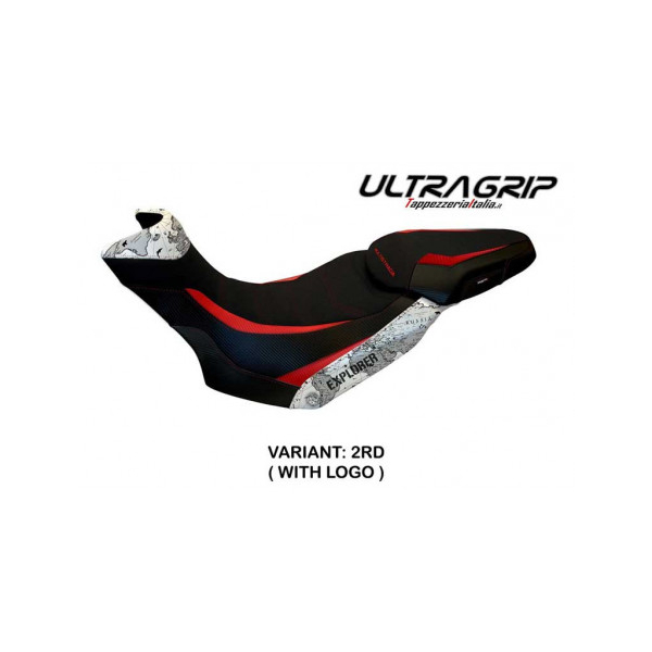 HOUSSE DE SELLE COMPATIBLE  DUCATI MULTISTRADA 1200/1260 ENDURO (16-21) MODÈLE L - Logo : AVEC LOGO, Couleur : ARGENT, Type : ULTRAGRIP