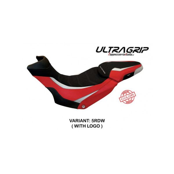 HOUSSE DE SELLE COMPATIBLE  DUCATI MULTISTRADA 1200/1260 ENDURO (16-21) MODÈLE L - Logo : AVEC LOGO, Type : ULTRAGRIP, Couleur : BLANC ROUGE