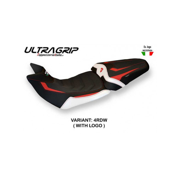HOUSSE DE SELLE COMPATIBLE DUCATI MULTISTRADA 1200/1260 (15-20) MODÈLE BOBBIO SP - Logo : AVEC LOGO, Type : ULTRAGRIP, Couleur : BLANC ROUGE