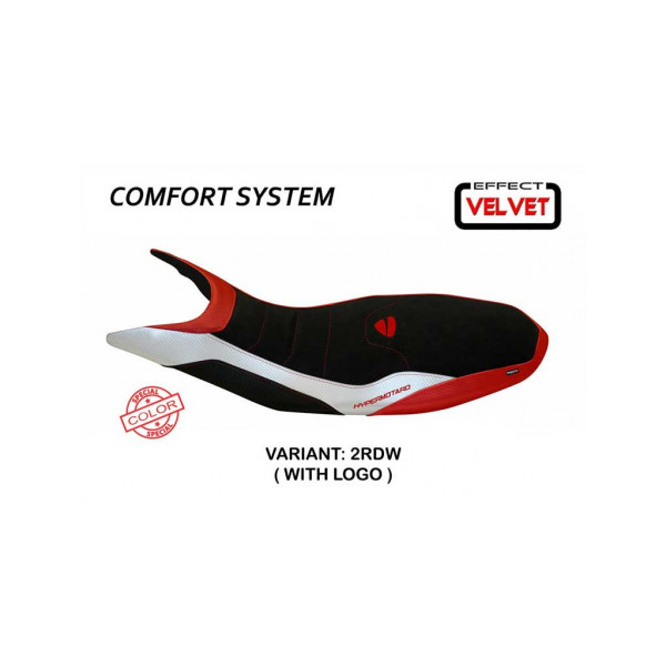 HOUSSE DE SELLE COMPATIBLE DUCATI HYPERMOTARD 821/939 (13-18) MODÈLE VARNA SPECI - Logo : AVEC LOGO, Couleur : ROUGE BLANC, Type : CONFORT