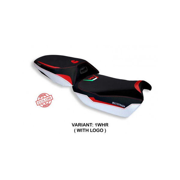 HOUSSE DE SELLE COMPATIBLE  DUCATI MULTISTRADA V4 (21-22) MODÈLE EUCLA SPECIAL C - Logo : AVEC LOGO, Couleur : BLANC ROUGE, Type : ULTRAGRIP