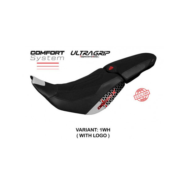 HOUSSE DE SELLE COMPATIBLE DUCATI DESERT-X (2022) MODÈLE THAR SPECIAL COLOR - Logo : AVEC LOGO, Couleur : BLANC, Type : CONFORT