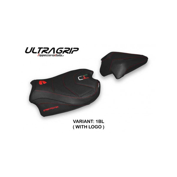 HOUSSE DE SELLE COMPATIBLE DUCATI STREETFIGHTER V4 (20-22) MODÈLE VELES - Logo : AVEC LOGO, Couleur : NOIR, Type : ULTRAGRIP