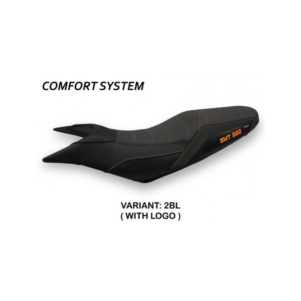 HOUSSE DE SELLE COMPATIBLE  KTM 990 SUPERMOTO T (09-16) MODÈLE POMPEI - Logo : AVEC LOGO, Couleur : NOIR, Type : CONFORT