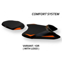 HOUSSE DE SELLE COMPATIBLE KTM 890 DUKE (21-22) MODÈLE ALBERTI - Type : CONFORT, Logo : AVEC LOGO, Couleur : BLANC-ORANGE