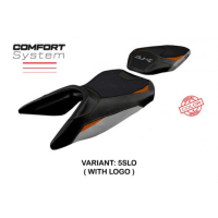 HOUSSE DE SELLE COMPATIBLE KTM 125 DUKE (17-22) MODÈLE MIRJE - Type : CONFORT, Logo : AVEC LOGO, Couleur : BLANC-ORANGE