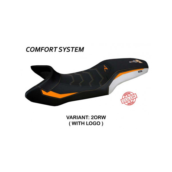 HOUSSE DE SELLE COMPATIBLE  KTM 1290 SUPER ADVENTURE R (21-22) MODÈLE ERICE SPEC - Type : CONFORT, Logo : AVEC LOGO, Couleur : ORANGE BLANC