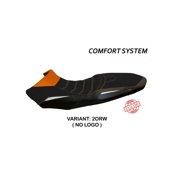 HOUSSE DE SELLE COMPATIBLE  KTM 1290 SUPER ADVENTURE R (17-20) MODÈLE GINEVRA SP - Type : CONFORT, Logo : AVEC LOGO, Couleur : BLANC-ORANGE