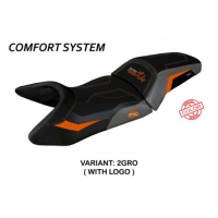 HOUSSE DE SELLE COMPATIBLE  KTM 1290 SUPER ADVENTURE S (21-22) MODÈLE LUMIAR - Logo : AVEC LOGO, Couleur : GRIS ORANGE, Type : CONFORT