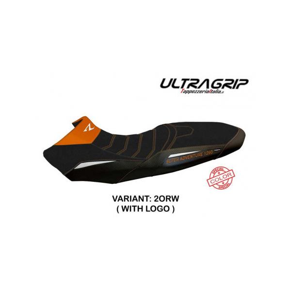HOUSSE DE SELLE COMPATIBLE KTM 1290 SUPER ADVENTURE R (17-20) MODÈLE VESSY SPECI - Logo : AVEC LOGO, Type : ULTRAGRIP, Couleur : BLANC-ORANGE