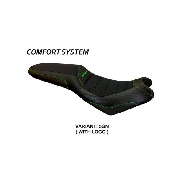 HOUSSE DE SELLE COMPATIBLE  KAWASAKI VERSYS 650 (07-22) MODÈLE ELBA TOTAL BLACK - Logo : AVEC LOGO, Couleur : BLANC, Type : CONFORT