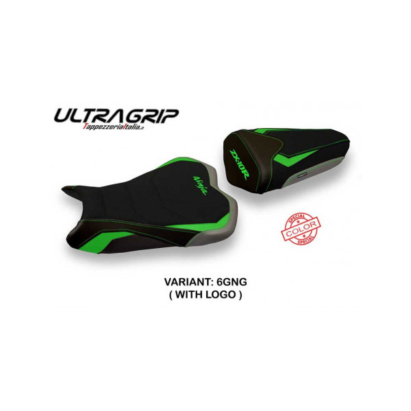 HOUSSE DE SELLE COMPATIBLE KAWASAKI NINJA ZX 10 R (08-10) MODÈLE QUITO SPECIAL C - Logo : AVEC LOGO, Type : ULTRAGRIP, Couleur : VERT GRIS