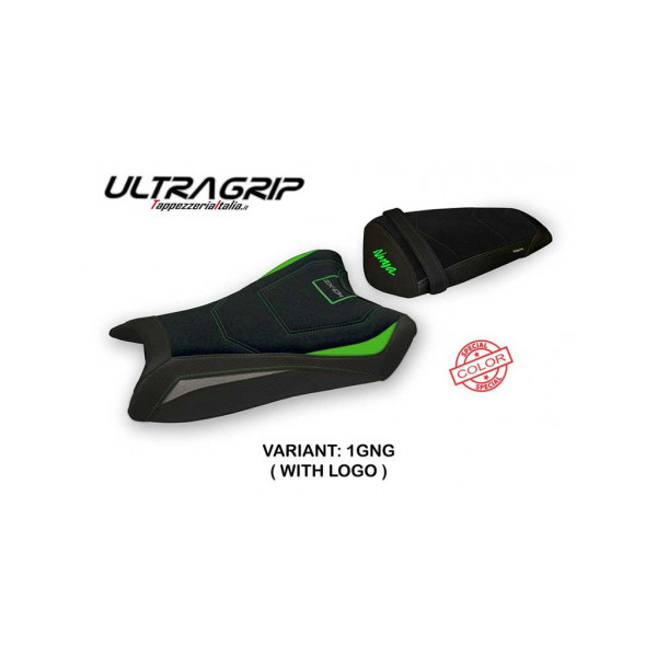HOUSSE DE SELLE COMPATIBLE  KAWASAKI NINJA ZX 10 R (11-15) MODÈLE RASHT SPECIAL - Logo : AVEC LOGO, Type : ULTRAGRIP, Couleur : VERT GRIS
