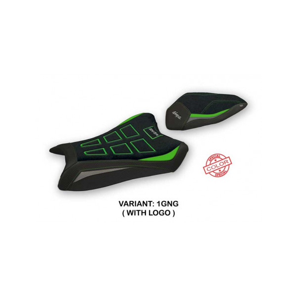 HOUSSE DE SELLE COMPATIBLE  KAWASAKI NINJA ZX 6 R (19-20) MODÈLE NELAS SPECIAL C - Logo : AVEC LOGO, Couleur : GRIS VERT, Type : ULTRAGRIP