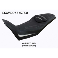 HOUSSE DE SELLE COMPATIBLE  MOTO GUZZI V85 TT (19-22) MODÈLE EVERETT - Logo : AVEC LOGO, Couleur : BLANC, Type : CONFORT