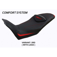 HOUSSE DE SELLE COMPATIBLE  MOTO GUZZI V85 TT (19-22) MODÈLE EVERETT - Logo : AVEC LOGO, Couleur : ROUGE ARGENT, Type : CONFORT 