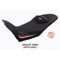 HOUSSE DE SELLE COMPATIBLE  MOTO GUZZI V85 TT (19-22) MODÈLE EVERETT - Logo : AVEC LOGO, Couleur : ROUGE ARGENT, Type : CONFORT