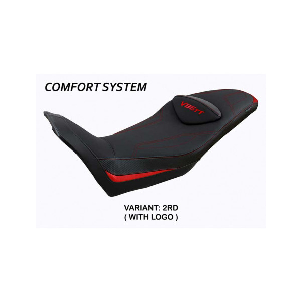 HOUSSE DE SELLE COMPATIBLE  MOTO GUZZI V85 TT (19-22) MODÈLE EVERETT - Logo : AVEC LOGO, Couleur : ARGENT, Type : CONFORT