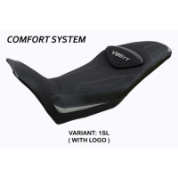 HOUSSE DE SELLE COMPATIBLE  MOTO GUZZI V85 TT (19-22) MODÈLE EVERETT - Type : CONFORT, Logo : AVEC LOGO, Couleur : ARGENT