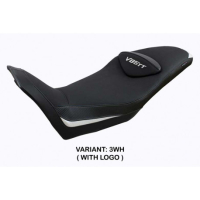 HOUSSE DE SELLE COMPATIBLE  MOTO GUZZI V85 TT (19-22) MODÈLE EVERETT - Type : CONFORT, Logo : AVEC LOGO, Couleur : ARGENT