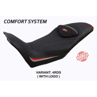 HOUSSE DE SELLE COMPATIBLE  MOTO GUZZI V85 TT (19-22) MODÈLE EVERETT - Logo : AVEC LOGO, Couleur : ROUGE OR, Type : CONFORT