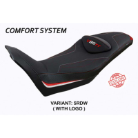 HOUSSE DE SELLE COMPATIBLE  MOTO GUZZI V85 TT (19-22) MODÈLE EVERETT - Logo : AVEC LOGO, Couleur : ROUGE OR, Type : CONFORT