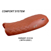 HOUSSE DE SELLE COMPATIBLE  MOTO GUZZI V7 MODÈLE DAVIS VINTAGE - Logo : AVEC LOGO, Couleur : CHAMEAU, Type : CONFORT 