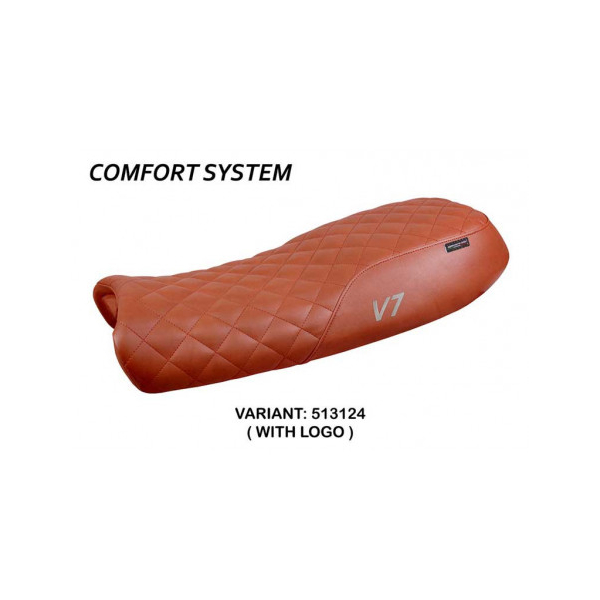 HOUSSE DE SELLE COMPATIBLE  MOTO GUZZI V7 MODÈLE DAVIS VINTAGE - Logo : AVEC LOGO, Couleur : CHAMEAU, Type : CONFORT