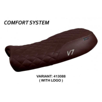 HOUSSE DE SELLE COMPATIBLE  MOTO GUZZI V7 MODÈLE DAVIS VINTAGE - Logo : AVEC LOGO, Couleur : CHAMEAU, Type : CONFORT