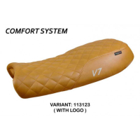 HOUSSE DE SELLE COMPATIBLE  MOTO GUZZI V7 MODÈLE DAVIS VINTAGE - Logo : AVEC LOGO, Couleur : CHAMEAU, Type : CONFORT