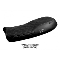 HOUSSE DE SELLE COMPATIBLE  MOTO GUZZI V7 MODÈLE DAVIS VINTAGE - Logo : AVEC LOGO, Couleur : CHAMEAU, Type : CONFORT