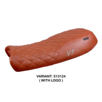 HOUSSE DE SELLE COMPATIBLE  MOTO GUZZI V7 MODÈLE DAVIS VINTAGE - Logo : AVEC LOGO, Couleur : CHAMEAU, Type : CONFORT