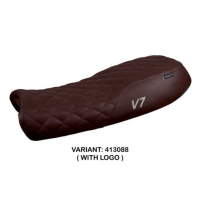 HOUSSE DE SELLE COMPATIBLE  MOTO GUZZI V7 MODÈLE DAVIS VINTAGE - Logo : AVEC LOGO, Couleur : CHAMEAU, Type : CONFORT