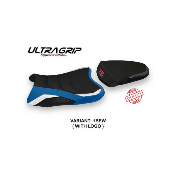 HOUSSE DE SELLE COMPATIBLE SUZUKI GSX R 600/750 (06-07) MODÈLE THASOS SPECIAL CO - Logo : AVEC LOGO, Couleur : BLEU BLANC, Type : ULTRAGRIP