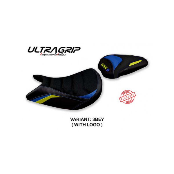 HOUSSE DE SELLE COMPATIBLE SUZUKI GSX S 1000 (15-20) MODÈLE MAVORA COLORIS SPÉCI - Logo : AVEC LOGO, Type : ULTRAGRIP, Couleur : BLEU JAUNE