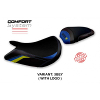 HOUSSE DE SELLE COMPATIBLE SUZUKI GSX S 1000 (21-22) MODÈLE LINDI SPECIAL COLOR - Logo : AVEC LOGO, Couleur : BLEU JAUNE, Type : CONFORT 